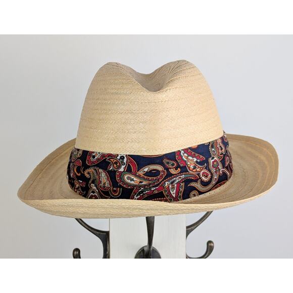 VTG Haband Fedora Hat Medium 22" Natural Straw Blue Paisley Hatband Made in USA - Picture 4 of 9